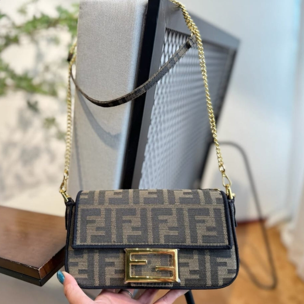 Fendi Baguette Mini FF Jacquard Fabric Bag Brown 20cm 8BS017A6V5F17U4