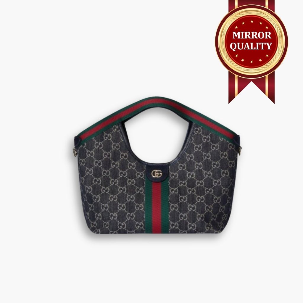 Mirror Quality – Gucci Giglio Small Tote Bag GG Denim Black and White 25Cm 860845 FAFYU 1155