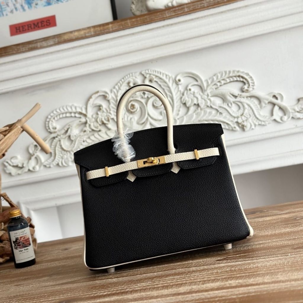 Mirror Quality – Hermes Birkin 30 Togo Gold Hardware Handbag Black And White 30Cm