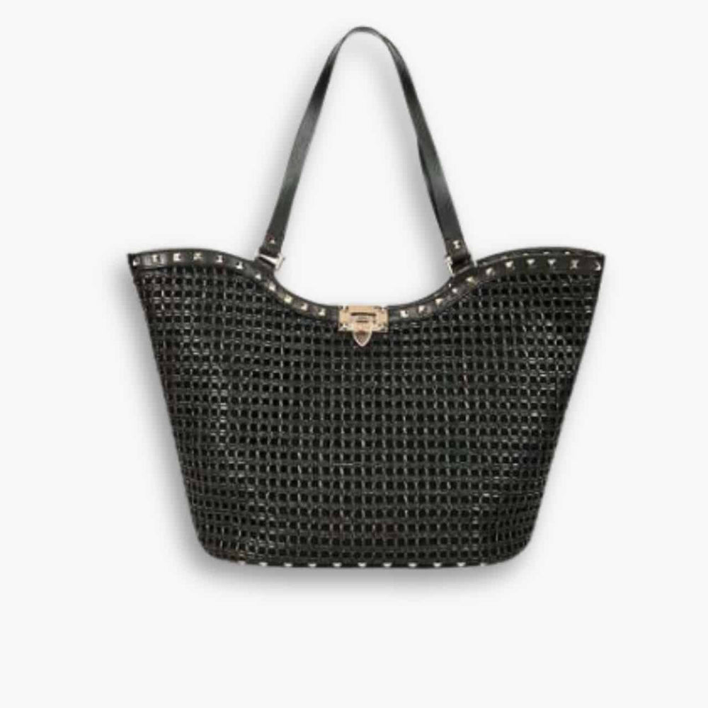 Valentino Garavani Rockstud Raffia Tote Bag Black 31cm