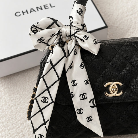 Chanel Silk Bandeau Scarf White Black 120Cm