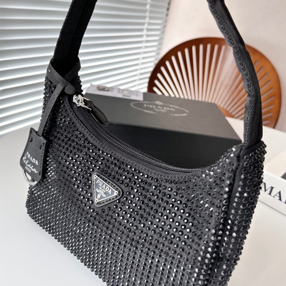 Prada Re Edition Mini Satin Bag With Crystals Black 22Cm 1BC515 2AWL F0002 V OOO