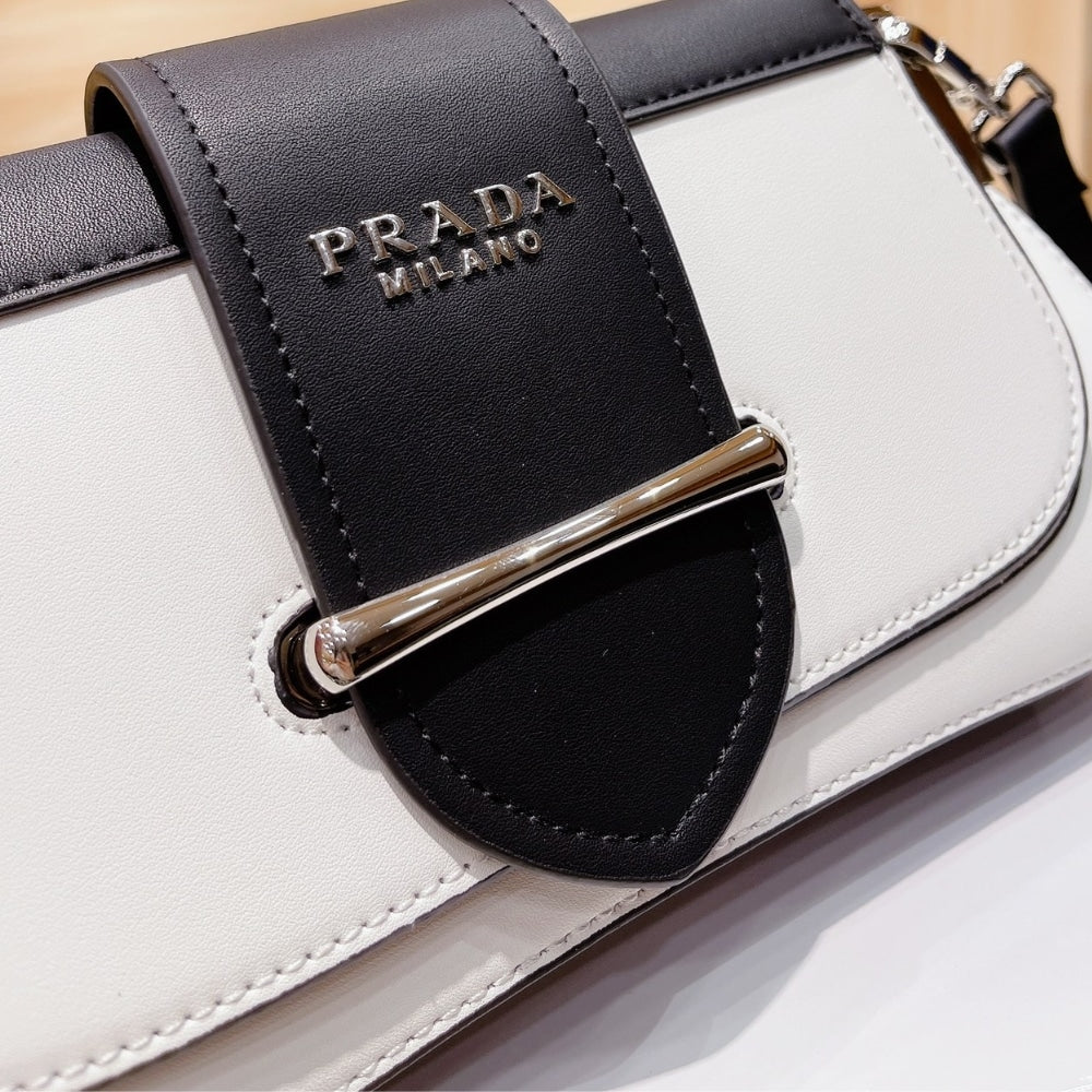 Prada Sidonie Two Tone Leather Shoulder Bag White Black 28Cm 1BD168 2AIX F0964 V OJN
