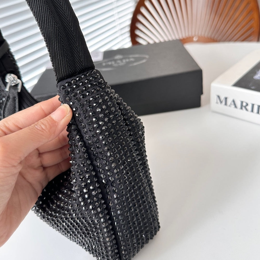 Prada Re Edition Mini Satin Bag With Crystals Black 22Cm 1BC515 2AWL F0002 V OOO