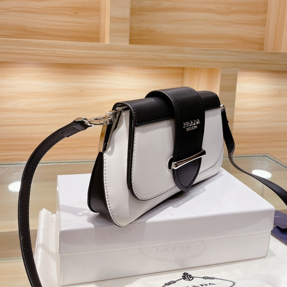 Prada Sidonie Two Tone Leather Shoulder Bag White Black 28Cm 1BD168 2AIX F0964 V OJN