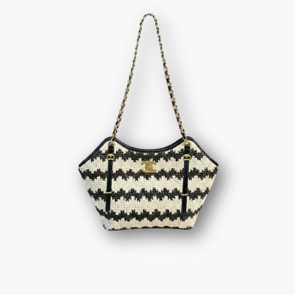 Chanel Small Shopping Bag Braided Straw And Gold Tone Metal Beige And Black 20Cm