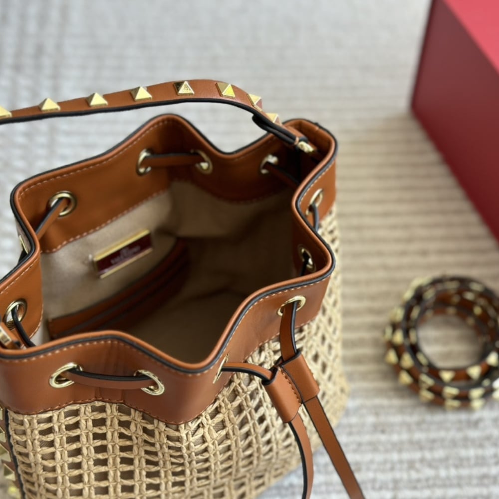 Valentino Rockstud Woven Bucket Bag Brown 19cm