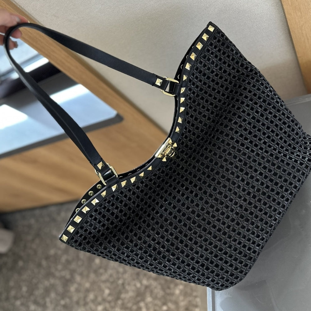 Valentino Garavani Rockstud Raffia Tote Bag Black 31cm