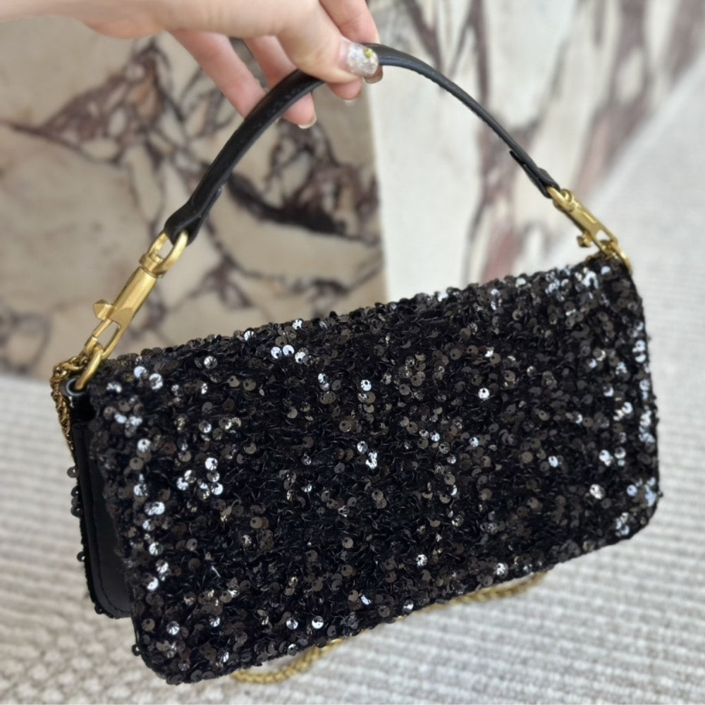 Valentino Loco Medium Vlogo Sequins Shoulder Bag Black 26cm