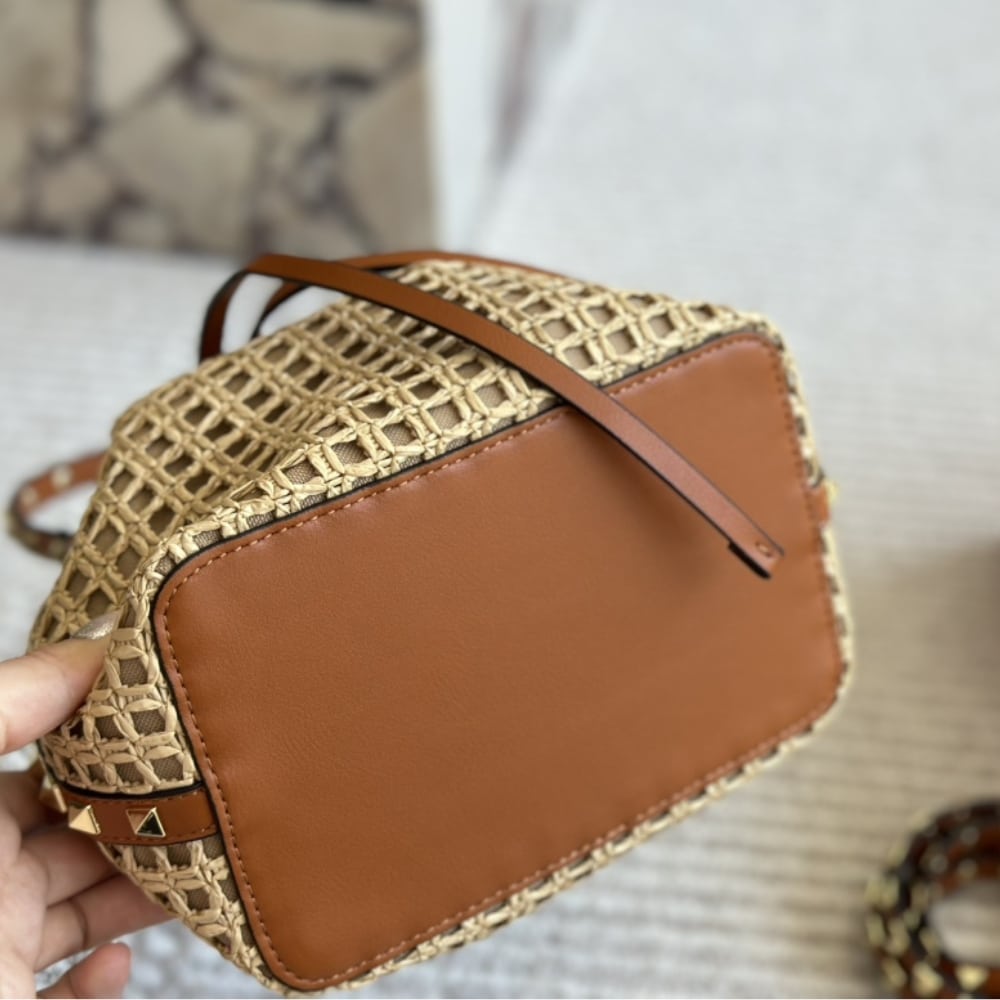Valentino Rockstud Woven Bucket Bag Brown 19cm