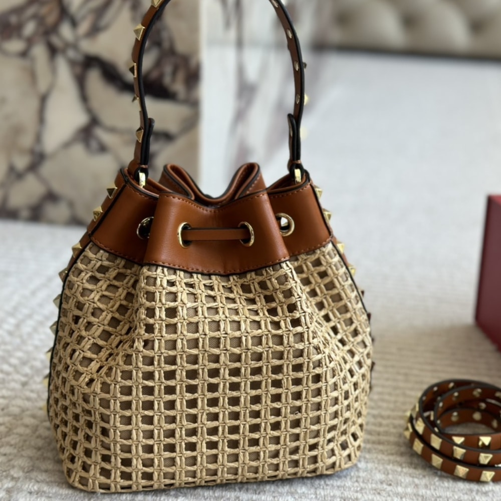 Valentino Rockstud Woven Bucket Bag Brown 19cm