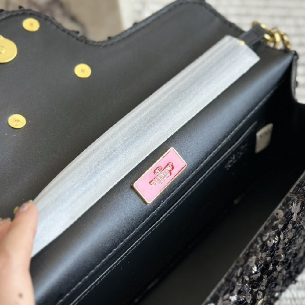 Valentino Loco Medium Vlogo Sequins Shoulder Bag Black 26cm