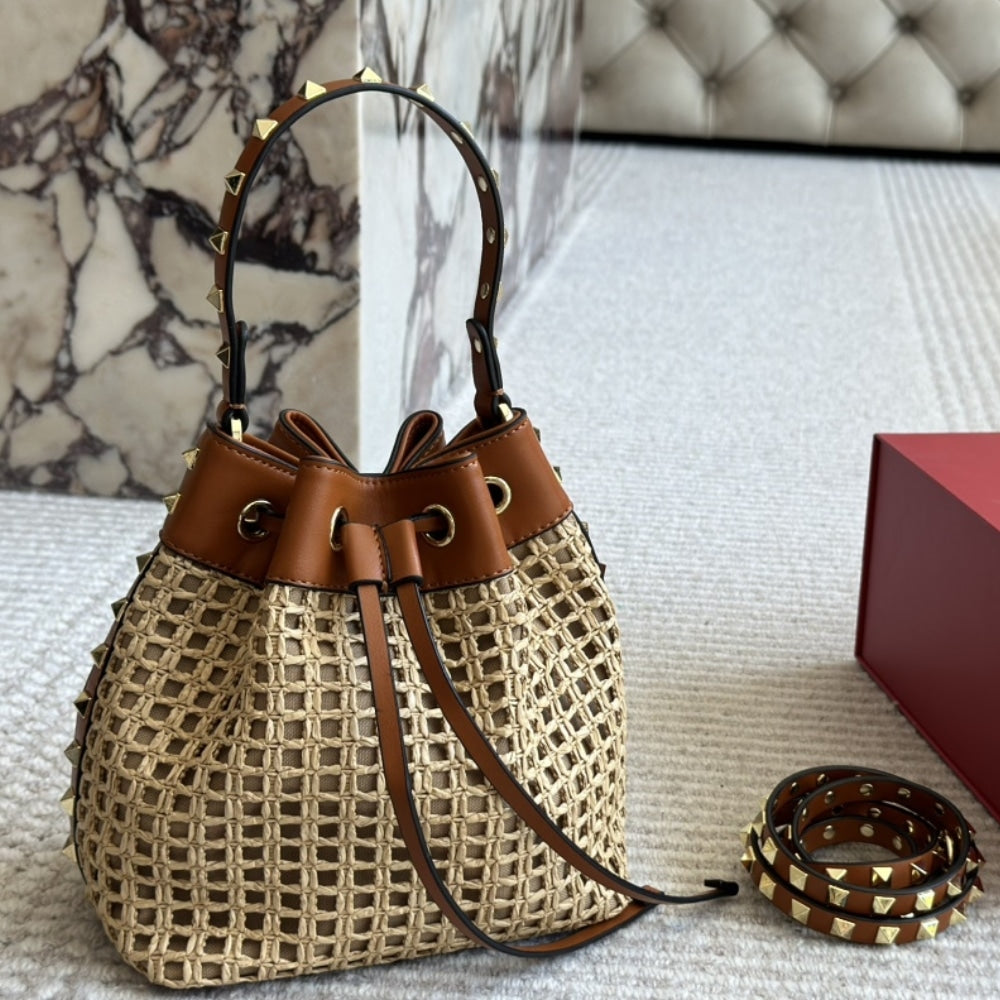 Valentino Rockstud Woven Bucket Bag Brown 19cm