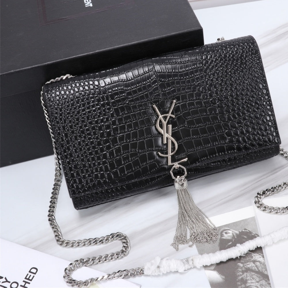 Saint Laurent Kate Medium Tassel In Crocodile Mirror Effect Black 24cm