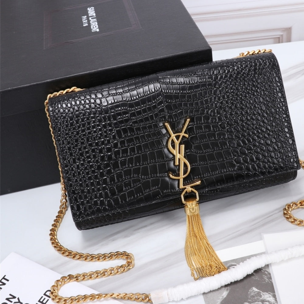 Saint Laurent Kate Medium Tassel In Crocodile Black 24cm