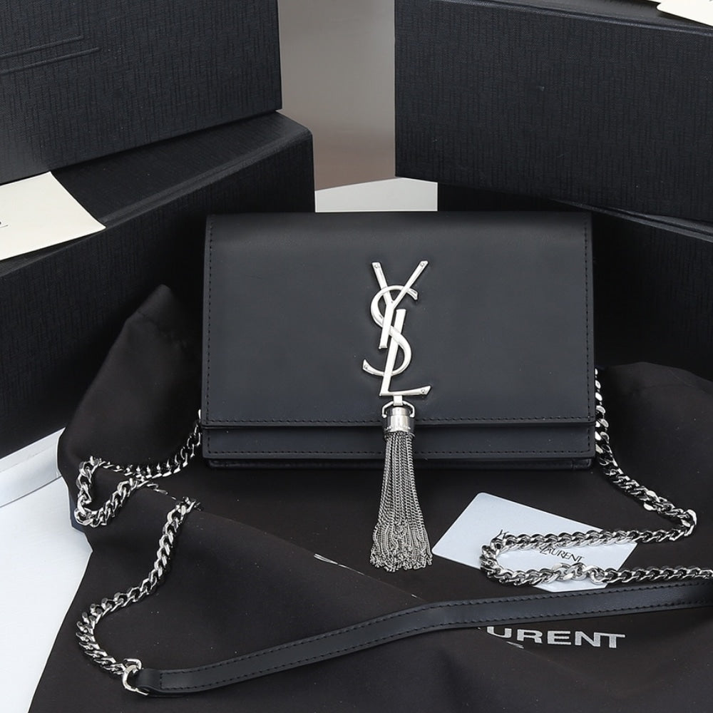 Saint Laurent Kate Small In Grain De Poudre Mirror Effect Black 20Cm