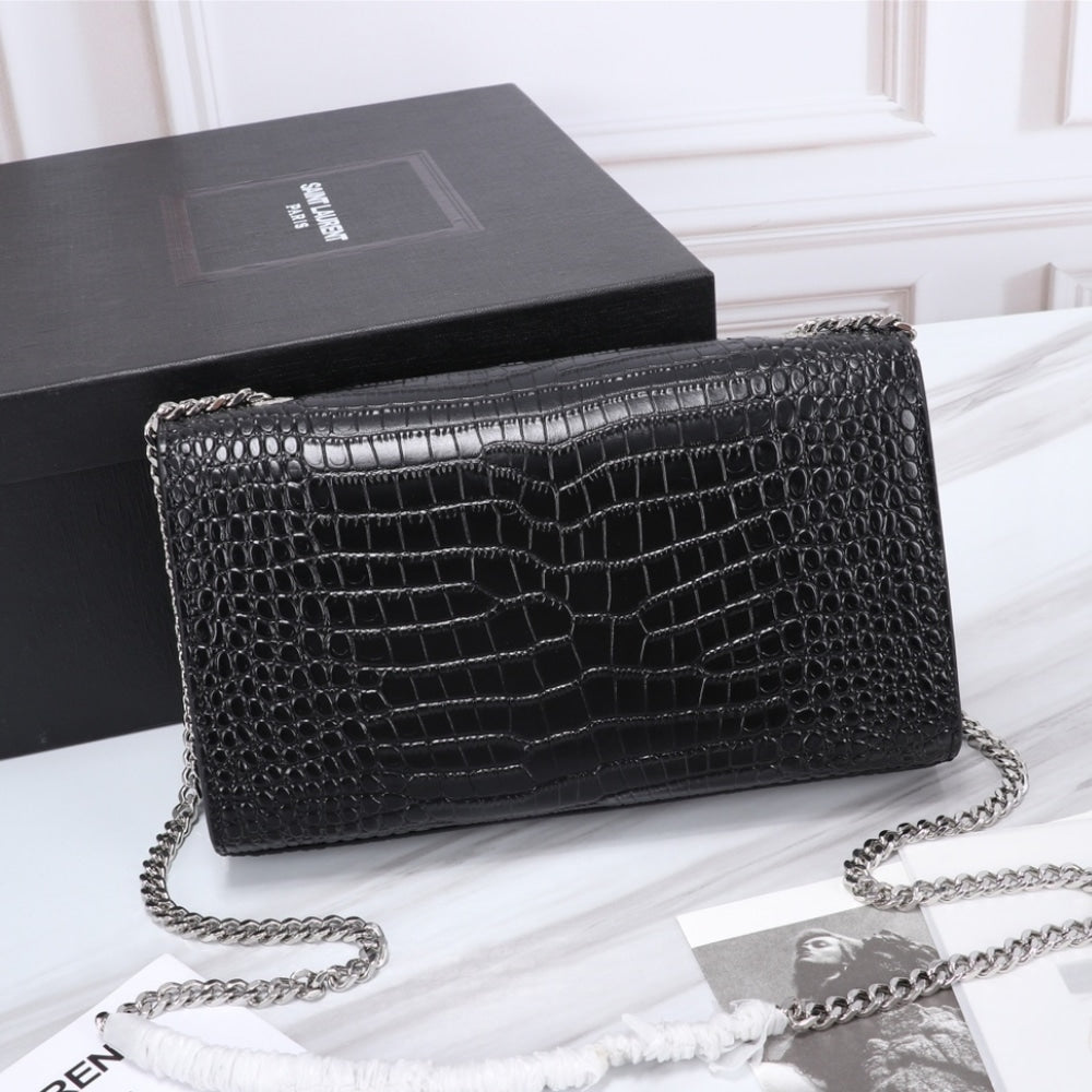Saint Laurent Kate Medium Tassel In Crocodile Mirror Effect Black 24cm
