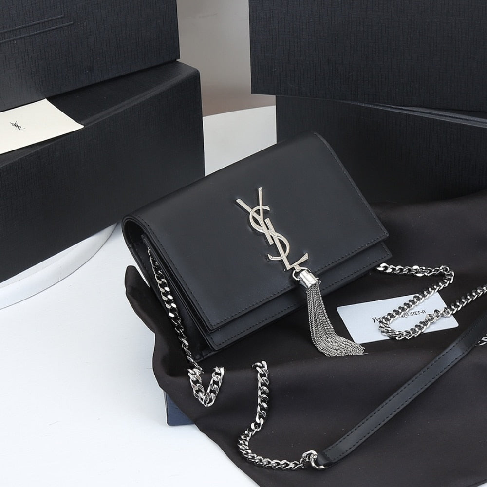 Saint Laurent Kate Small In Grain De Poudre Mirror Effect Black 20Cm