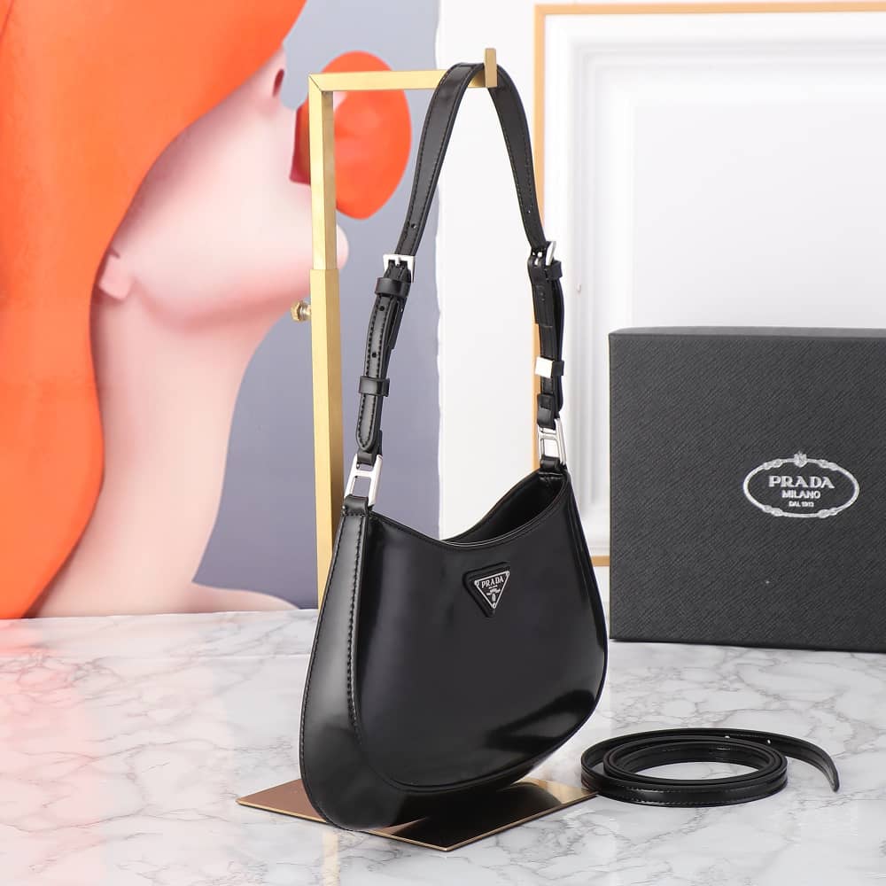 Prada Cleo Brushed Leather Shoulder Bag Black 27Cm 1BC499 ZO6 F0002 V OOO