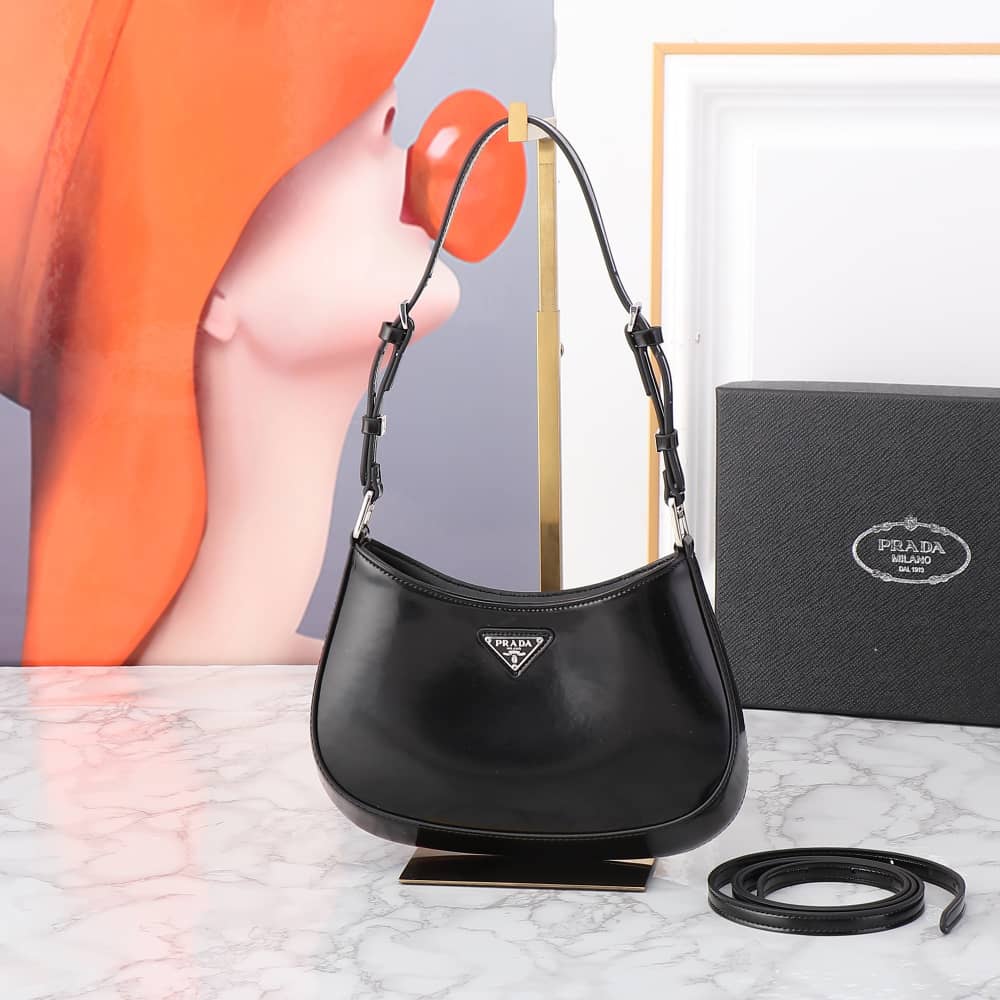 Prada Cleo Brushed Leather Shoulder Bag Black 27Cm 1BC499 ZO6 F0002 V OOO